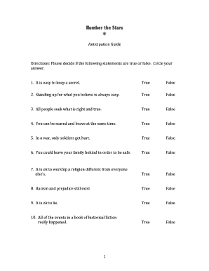 Number the Stars Anticipation Guide