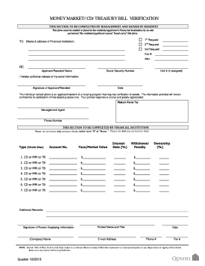 Money Market/CD/Treasury Bill Verification Form