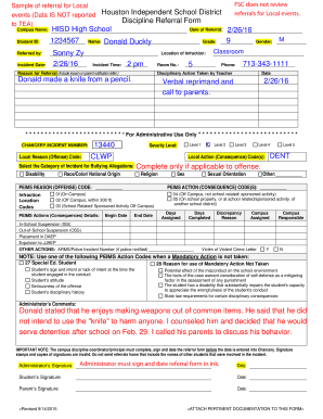 Houston Independent School District Discipline Referral Form