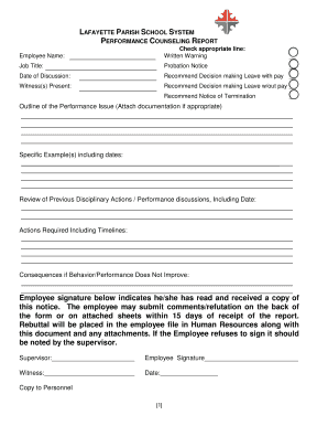 Written warning at work template - LAFAYETTE PARISH SCHOOL SYSTEM PERFORMANCE COUNSELING REPORT Employee Name: Check appropriate line: Written Warning Job Title: Probation Notice Date of Discussion: Recommend Decision making Leave with pay Witness(s) Present: Recommend