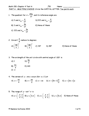 Radian unit circle - PART A - MULTIPLE CHOICE Circle the CAPITAL LETTER Two