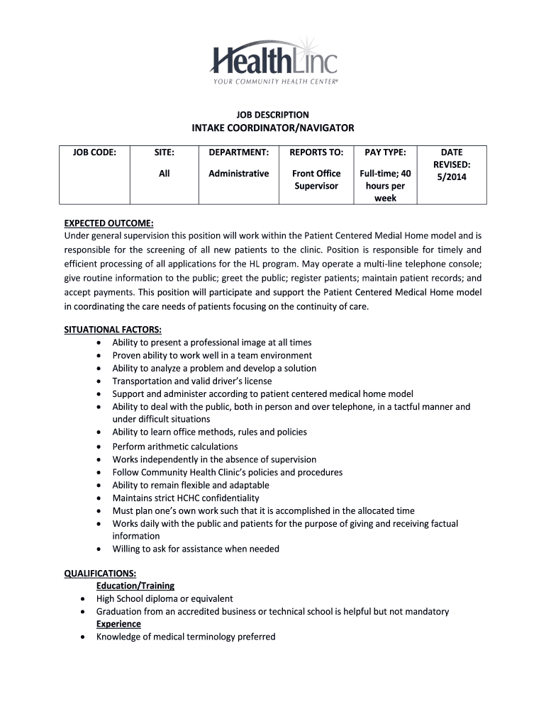 Fillable Online healthlincchc Intake Coordinator - HealthLinc ...