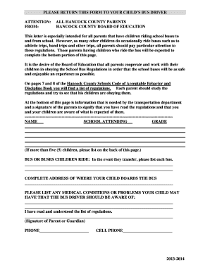 Hancock County School Bus Regulations Form