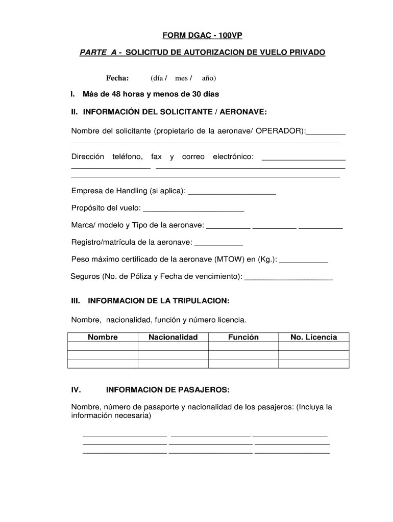 PARTE A - SOLICITUD DE AUTORIZACION DE VUELO PRIVADO - aviacioncivil gob Vista previa en la página 1