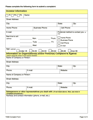 Texas State Securities Board Investor Complaint Form