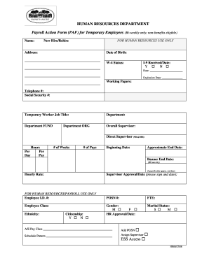Payroll Action Form for Temporary Employees