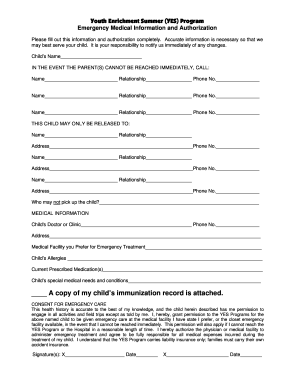 YES Program Emergency Medical Authorization