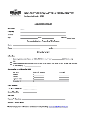 Maryland Quarterly Estimated Tax Declaration