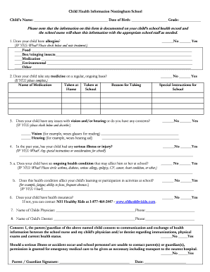 Nottingham School Child Health Information Form