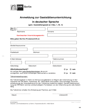 Anmeldung zur Gaststättenunterrichtung