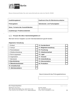 Prüfungsformular für Auszubildende im Ausbildungsberuf Kaufmann/-frau für Bürokommunikation