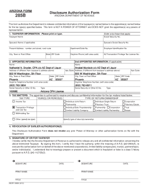 Arizona Form 285B Disclosure Authorization