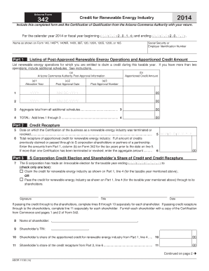 Arizona Form 342 Credit for Renewable Energy Industry 2014
