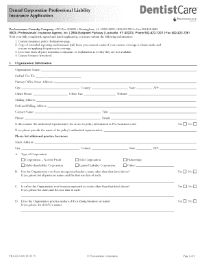 Dental Corporation Professional Liability Insurance Application