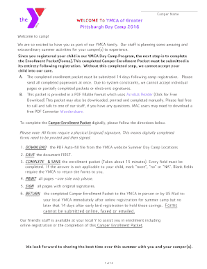 YMCA Pittsburgh Day Camp Enrollment Packet