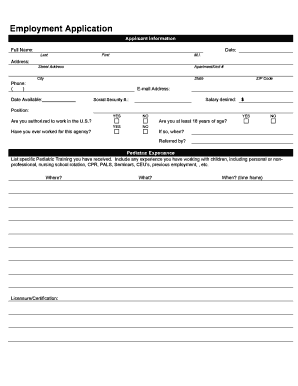 Pediatric Care Employment Application