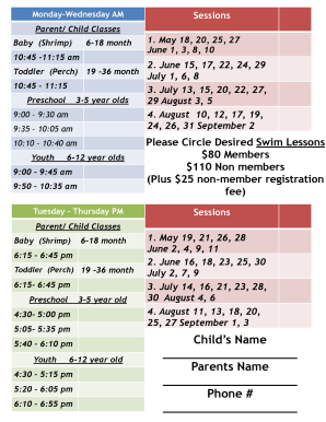 YMCA Swim Lesson Registration Form