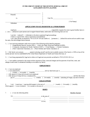 Illinois Application to Sue or Defend as a Poor Person