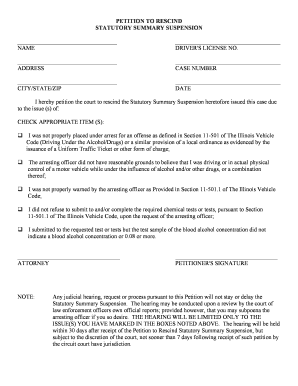 Petition to Rescind Statutory Summary Suspension
