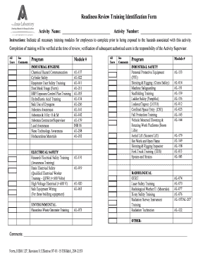 Readiness Review Training Identification Form