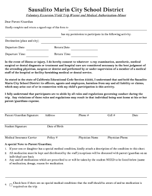 Sausalito Marin City Field Trip Waiver and Medical Authorization