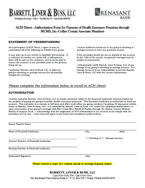 ACH Direct Authorization Form for Health Insurance Premium