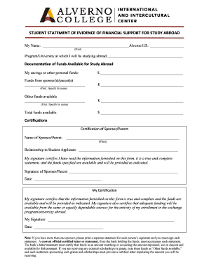 Student Statement of Evidence of Financial Support for Study Abroad
