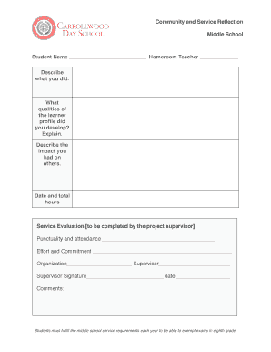 Middle School Service Reflection Form