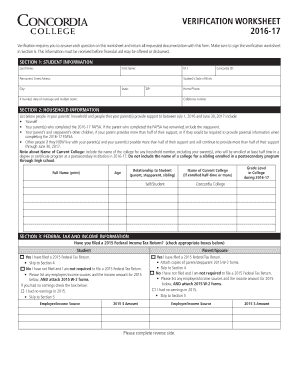 2016-17 Financial Aid Verification Worksheet