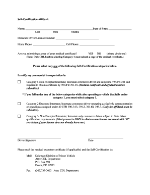 Delaware Self-Certification Affidavit for CDL Drivers