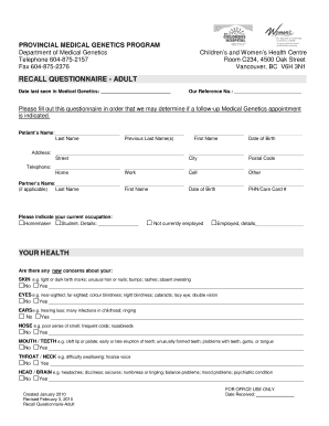 Recall Questionnaire - Adult Medical Genetics