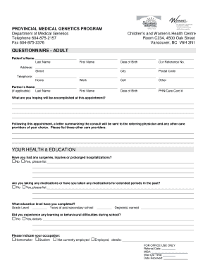Adult Medical Genetics Questionnaire