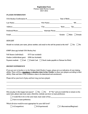 2015-2016 Adult Hockey Registration Form - Palouse Ice Rink