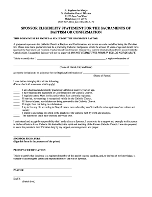 Sponsor Eligibility Statement for Baptism or Confirmation
