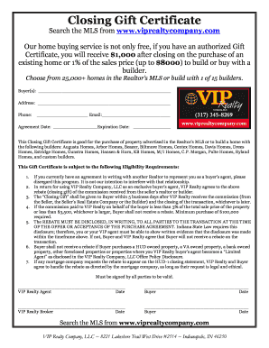 Closing Gift Certificate Agreement