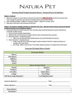 Voluntary Recall Product Consumer Return Form