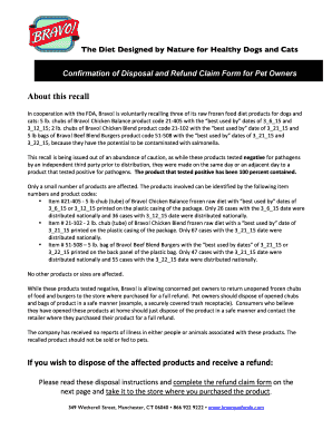 Bravo Pet Food Recall Disposal and Refund Claim Form