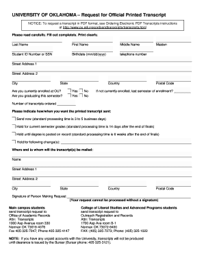 University of Oklahoma Official Printed Transcript Request