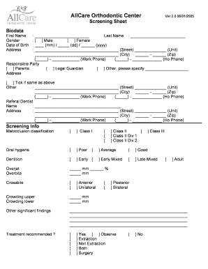 AllCare Orthodontic Screening Sheet