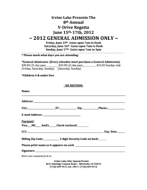 Irvine Lake V-Drive Regatta Admission Form