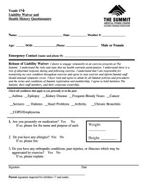 Youth 17 Liability Waiver and Health History Form