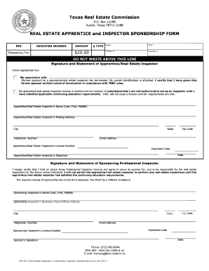 Texas Real Estate Apprentice and Inspector Sponsorship Form