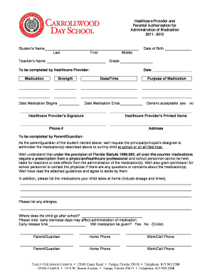 Healthcare Provider Parental Authorization for Medication Administration