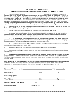 Archdiocese of Cincinnati Permission and Medical Power of Attorney