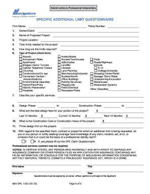 Specific Additional Limit Questionnaire