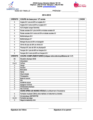 Formulaire de sélection de cours de l'école secondaire de l'Alberta