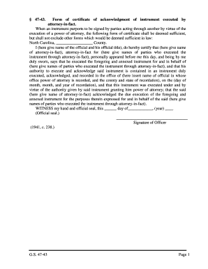 North Carolina Power of Attorney Acknowledgement Certificate