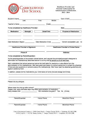 Healthcare Provider and Parental Authorization for Medication Administration