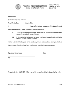 Wyoming Surplus Lines Notice to Insured
