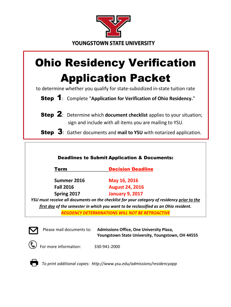 Fillable Online cms ysu Ohio Residency Verification Application Packet